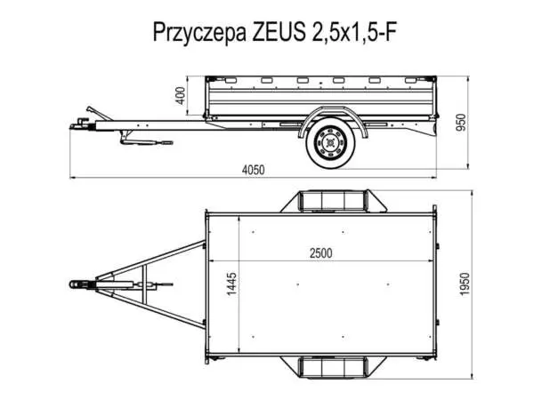 Przyczepa towarowa ZEUS 2,5×1,5F hamowana, 1 oś