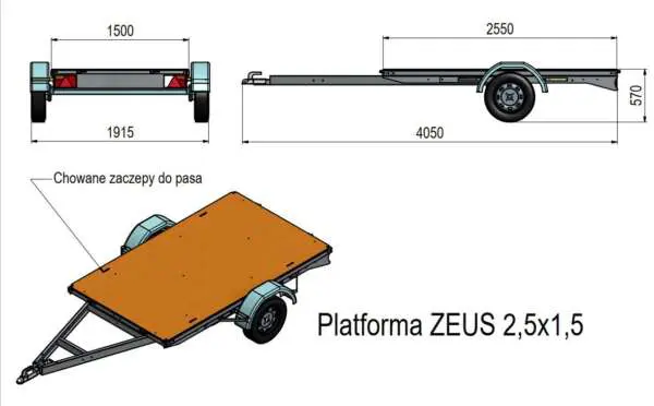 Platforma towarowa ZEUS 2,5x1,5 niehamowana, 1 oś
