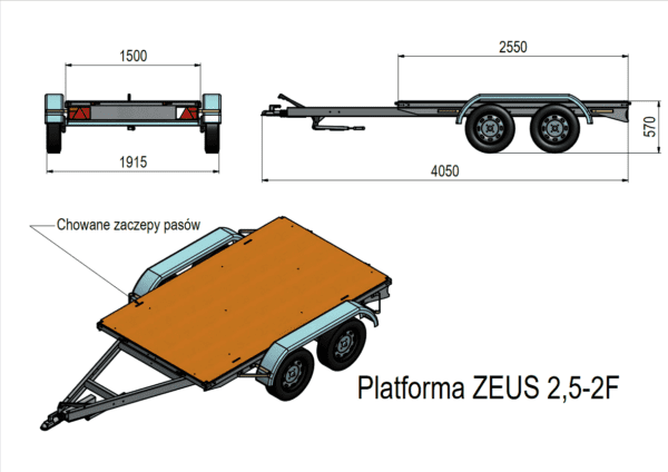 Platforma towarowa ZEUS 2,5x1,5-2F hamowana, 2 osiowa