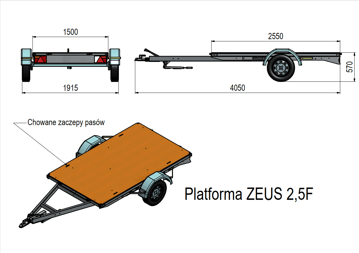 Platforma towarowa ZEUS 2,5x1,5F hamowana, 1 oś